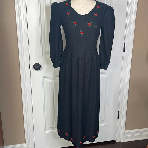 Vintage 80s ADOLFO at Saks Fifth Ave Black Knit Floral Dress Wool Blend Sz Small - Picture 3 of 13